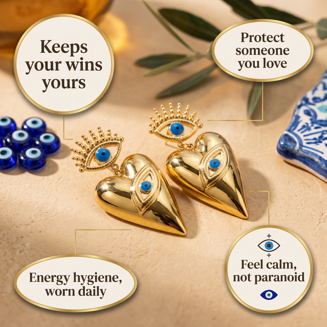 Gold Heart Evil Eye Earrings