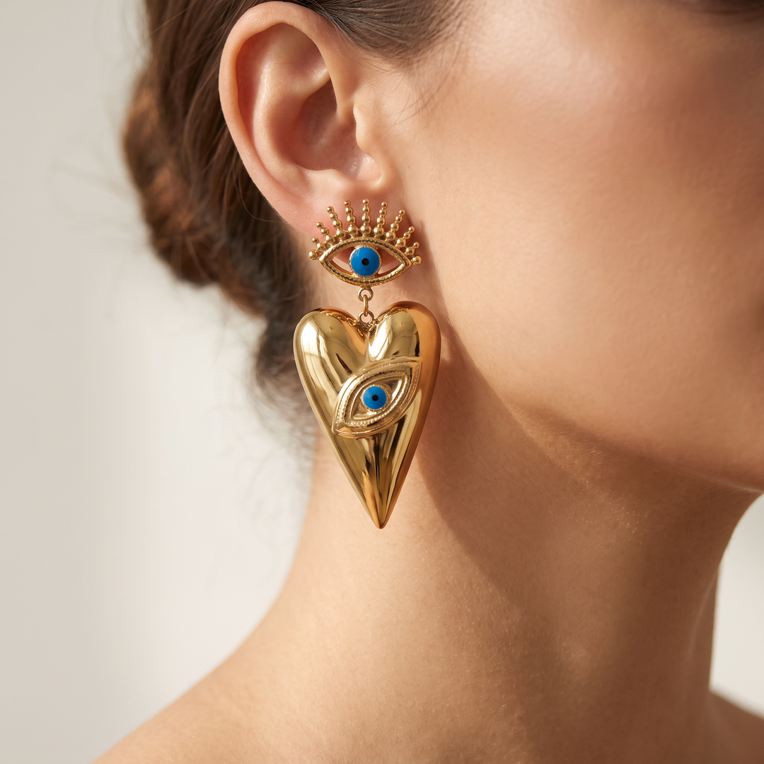 Gold Heart Evil Eye Earrings
